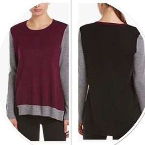 BCBG Merrino wool asymmetric sweater. beautiful deep wine, grey, black